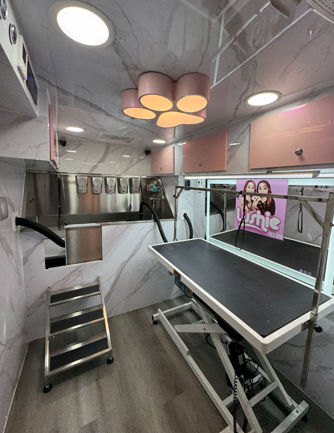 Interior of the Lushie Pet Spa mobile grooming van